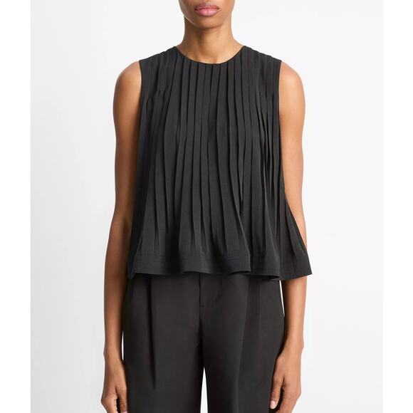 NWT Vince Pleated A-Line Crew Neck Top Black Sleeveless Size Small Crinkle Crepe - Picture 1 of 16